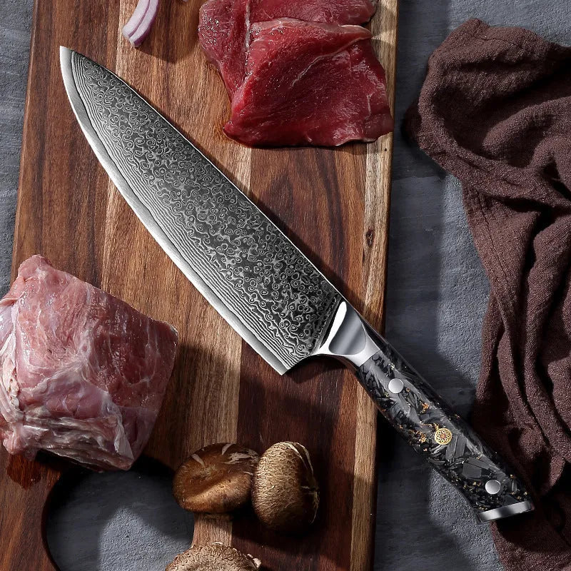 Damascus pattern chef knife set with 8 different blades including kitchen, Japanese, boning, utility, steak and fruit knives