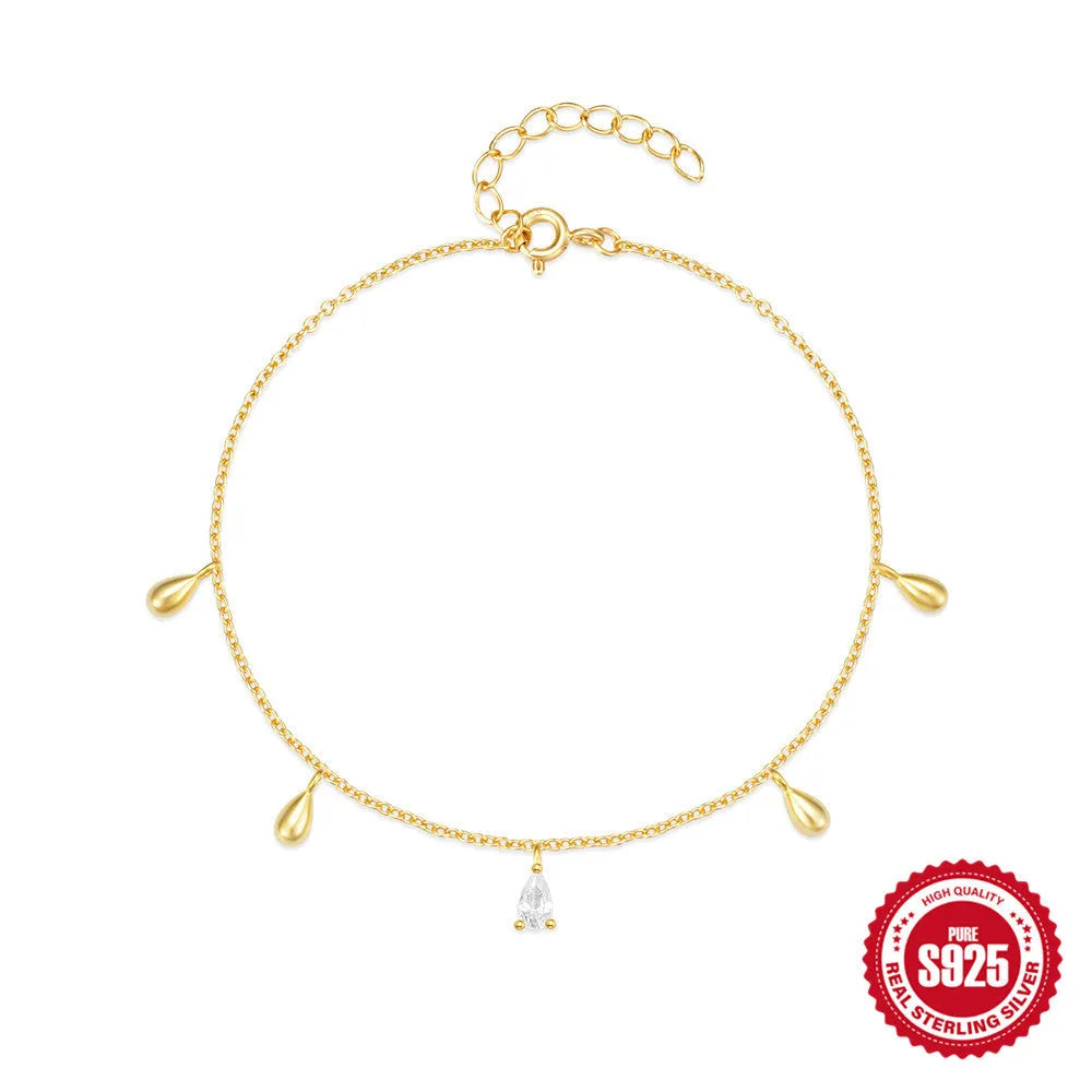 S925 sterling silver water drop diamond pendant bracelet in gold colour, simple geometric style for women