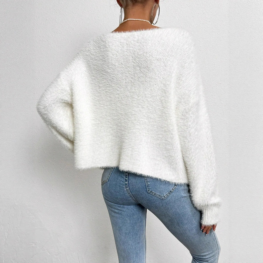 Women's white V-neck cardigan with bead knit details, medium thickness polyester fabric