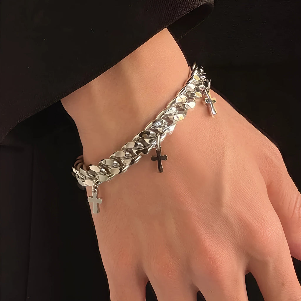 Men's titanium steel bracelet with cross design and geometric cold wind style details