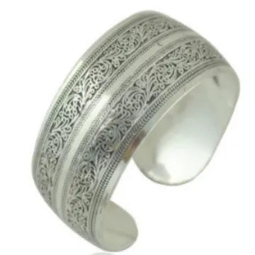 Ethnic carved open bracelet with Miao silver-style design in elephant colour