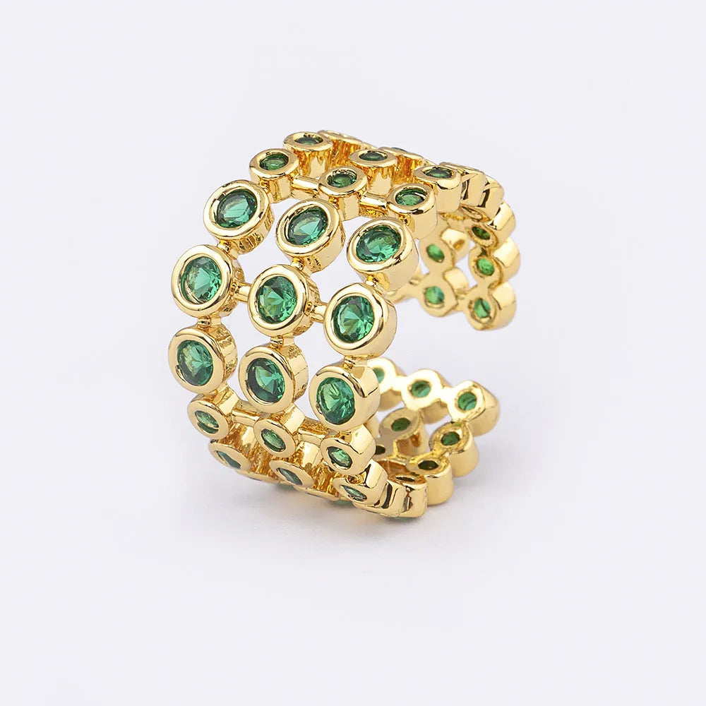 Copper ring with 18K gold plating and green zircon stones in wide band unisex design