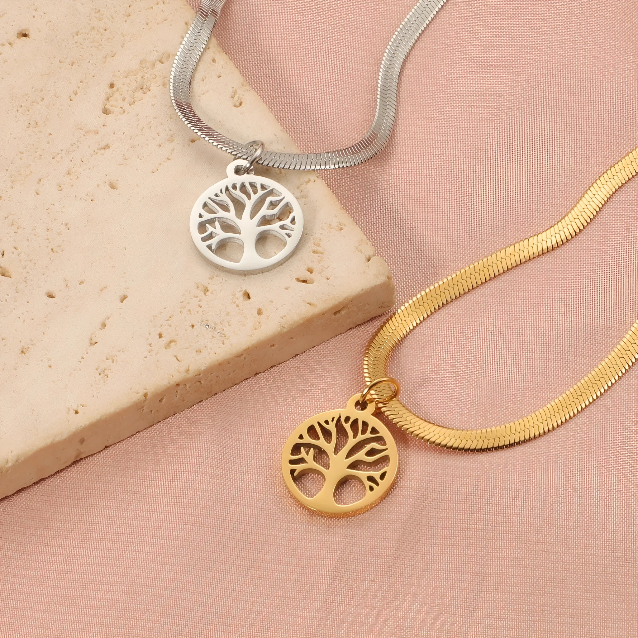 Stainless steel Lucky Tree clavicle chain with snake bones chain and adjustable 51-60cm length
