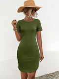 Women's slim fit short sleeve dress in dark green with a U-shaped split hem.