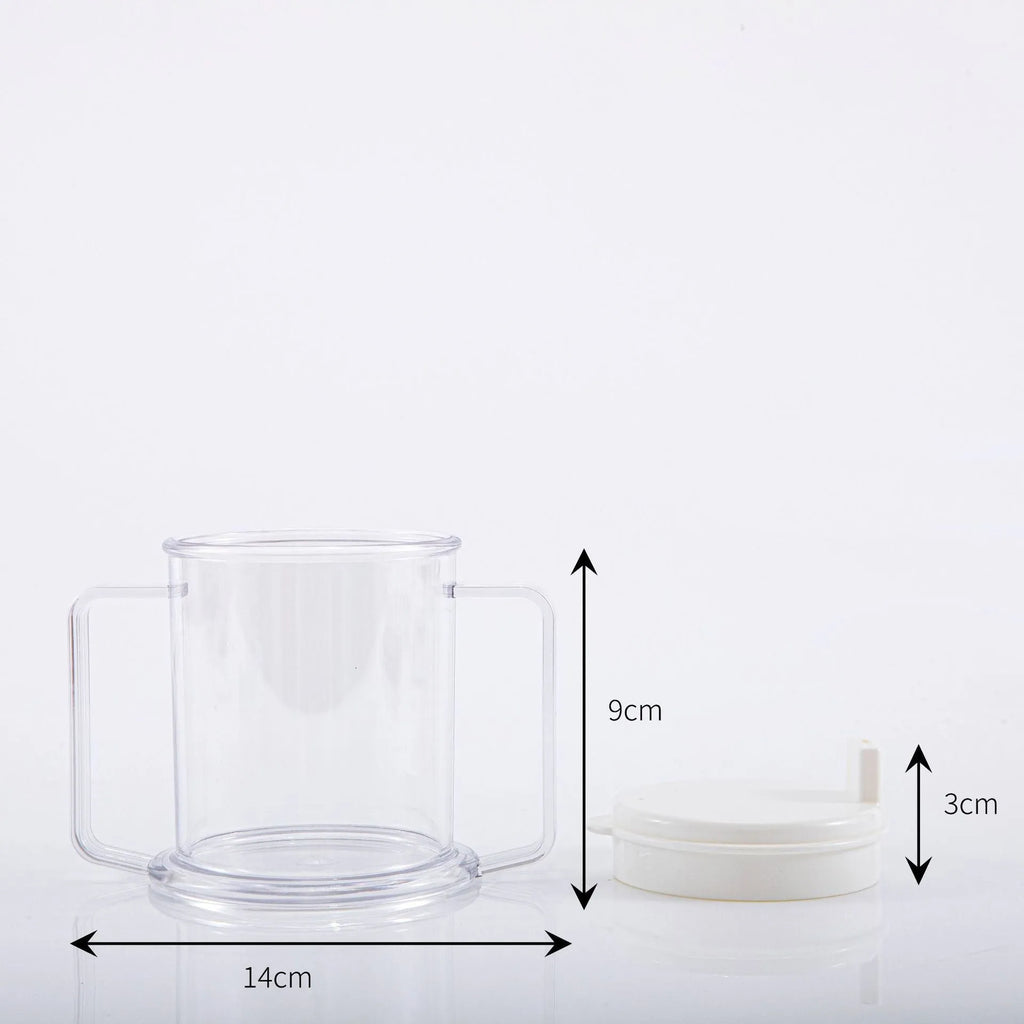 Transparent plastic drinking cup with spill-proof lid, 350ml capacity