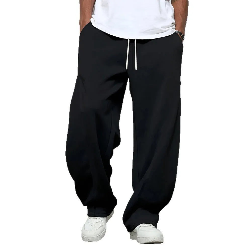 Men's straight leg polyester casual trousers in black with micro-elastic drawstring waistband