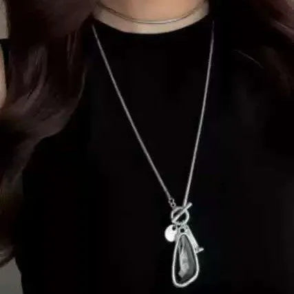 Alloy geometric water drop pendant on snake bones chain necklace for sweater layering