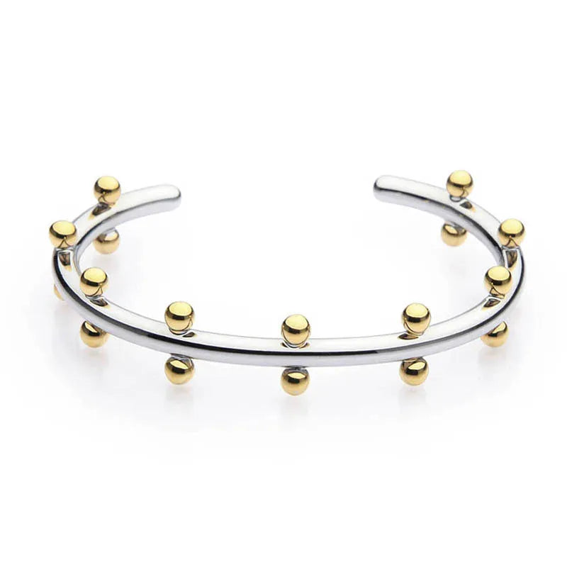 Stainless steel C-shaped bracelet with textured rivet bean beads and adjustable alloy chain