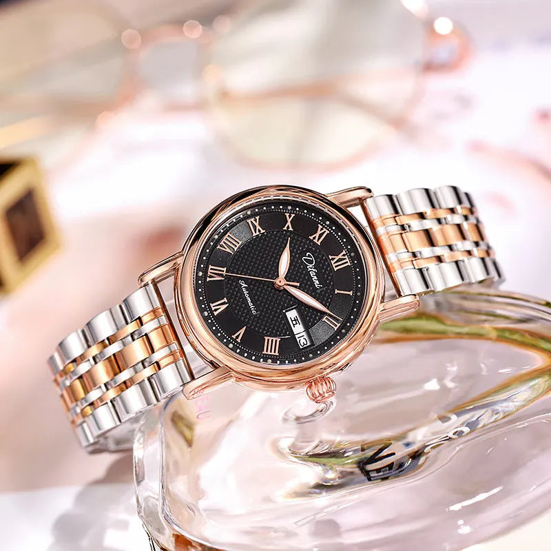 Women's automatic mechanical fashion watch with steel bracelet and leather strap options