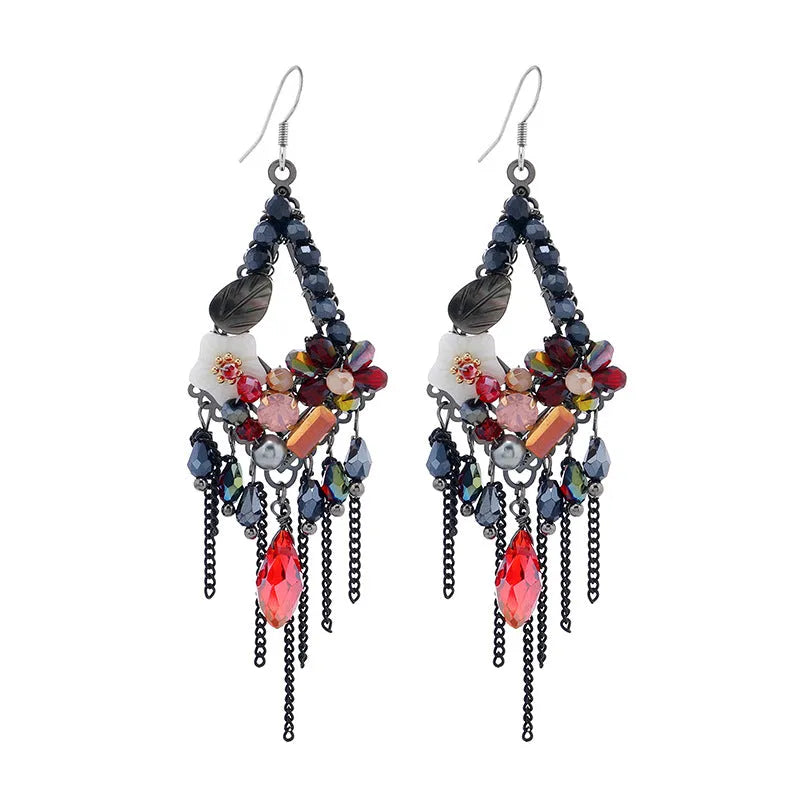 Retro bohemian hand-woven long drop earrings with artificial crystal diamond shape in amethyst colour