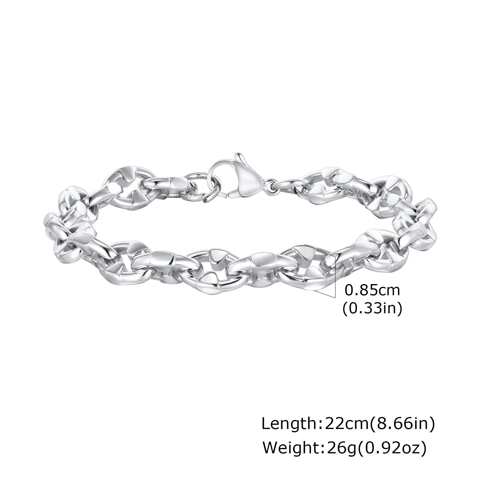 Men's stainless steel handmade geometric chain bracelet in steel colour on a wrist.