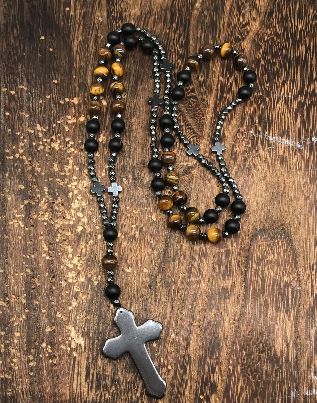 Men's stone cross pendant necklace on an 80cm ball bead chain with safety lock.