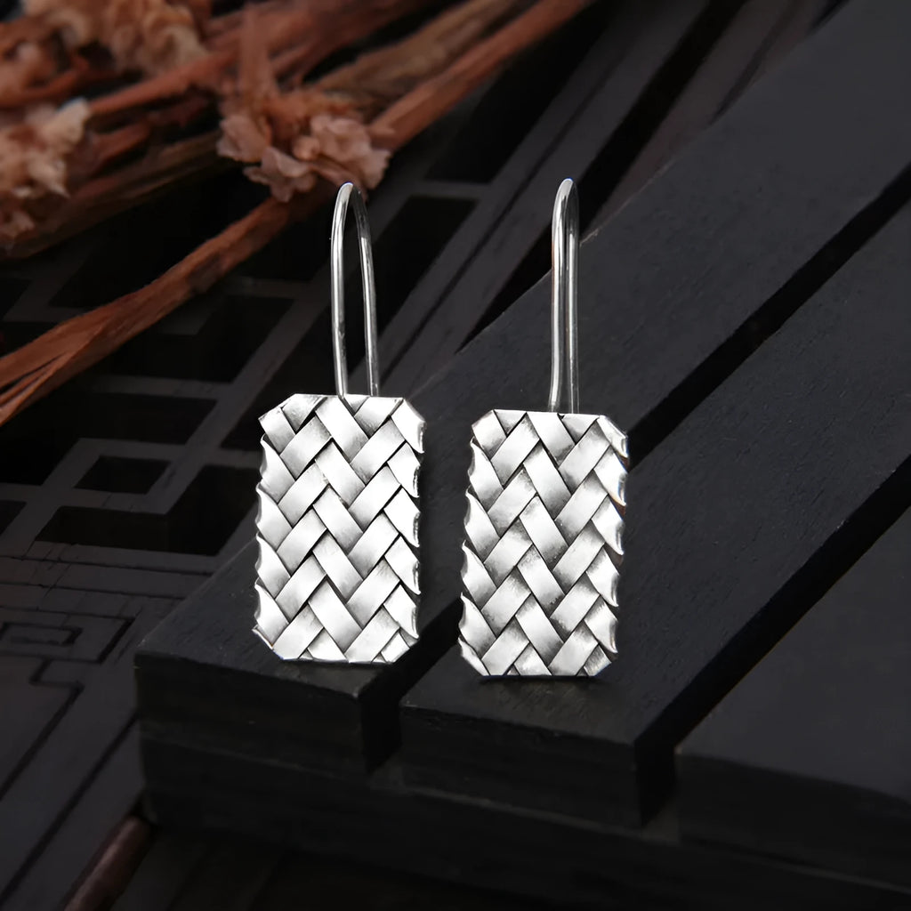 Silver geometric woven diamond plaid earrings for women 17.5mm x 11mm