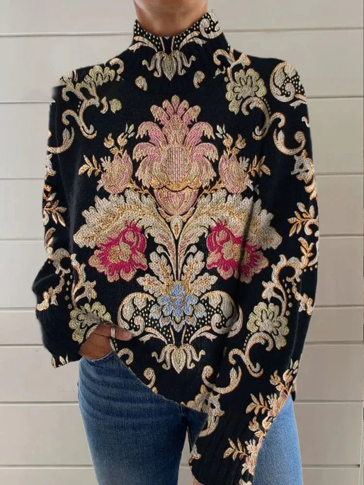 Black turtleneck sweater with a 3D pattern, loose fit, and regular sleeves on a hanger.