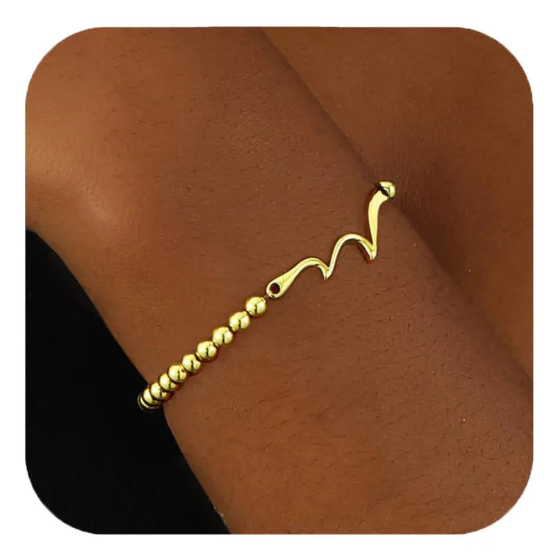 Adjustable geometric beaded bracelet for women in stainless steel with round beads