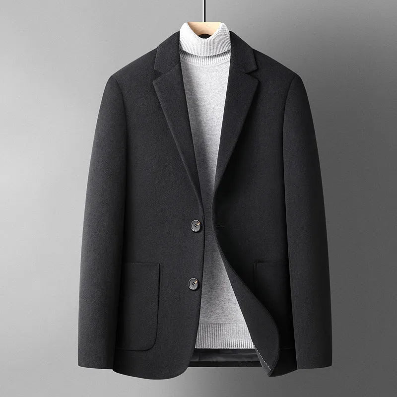 Men's slim fit grey wool suit jacket for autumn and winter wear.