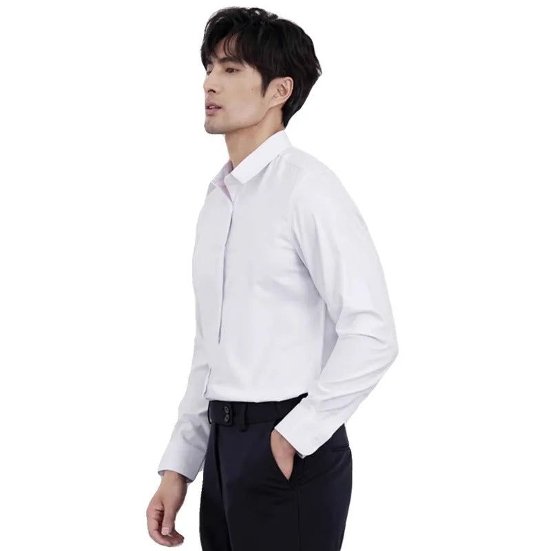 Men's wine red slim fit casual shirt with long sleeves on hanger