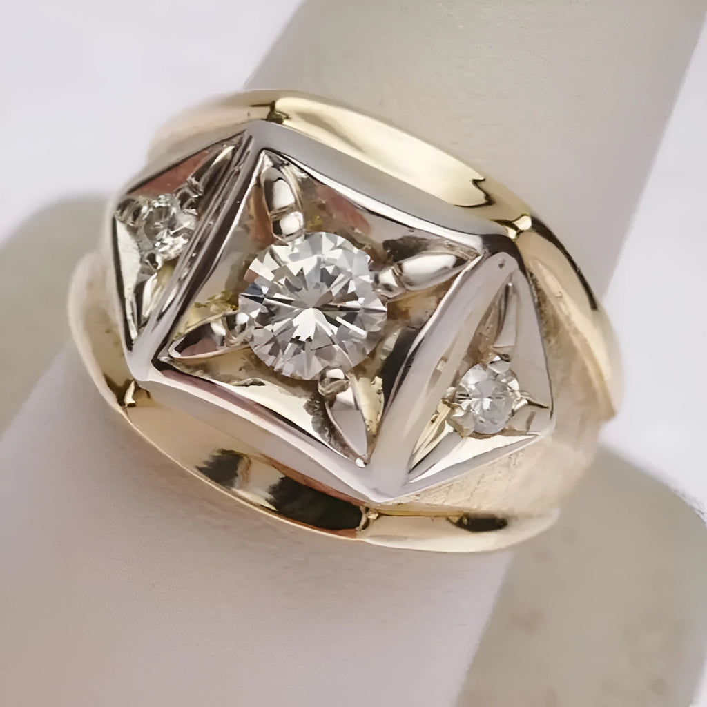 Gold colour geometric hollow copper couple rings with chamfering square pattern
