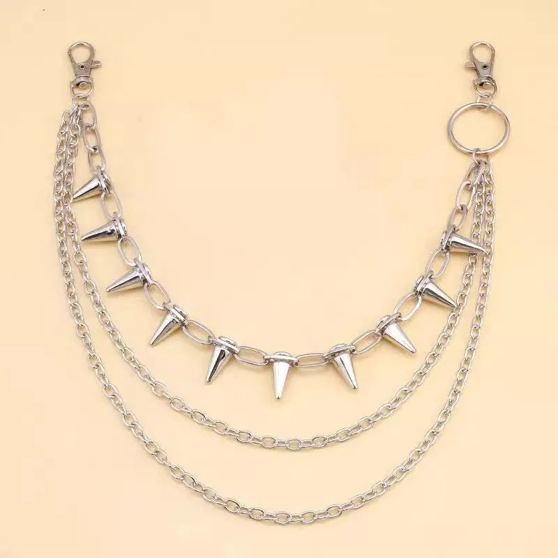 Silver metal pants chain with double-layer chain links and rivet decorations, 115cm length