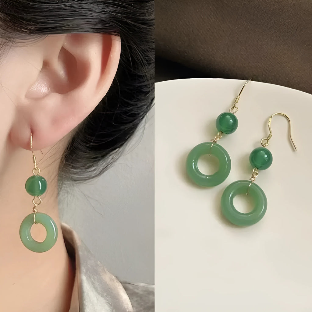 Green zinc alloy earrings with Chinese peace buckle design and geometric pattern