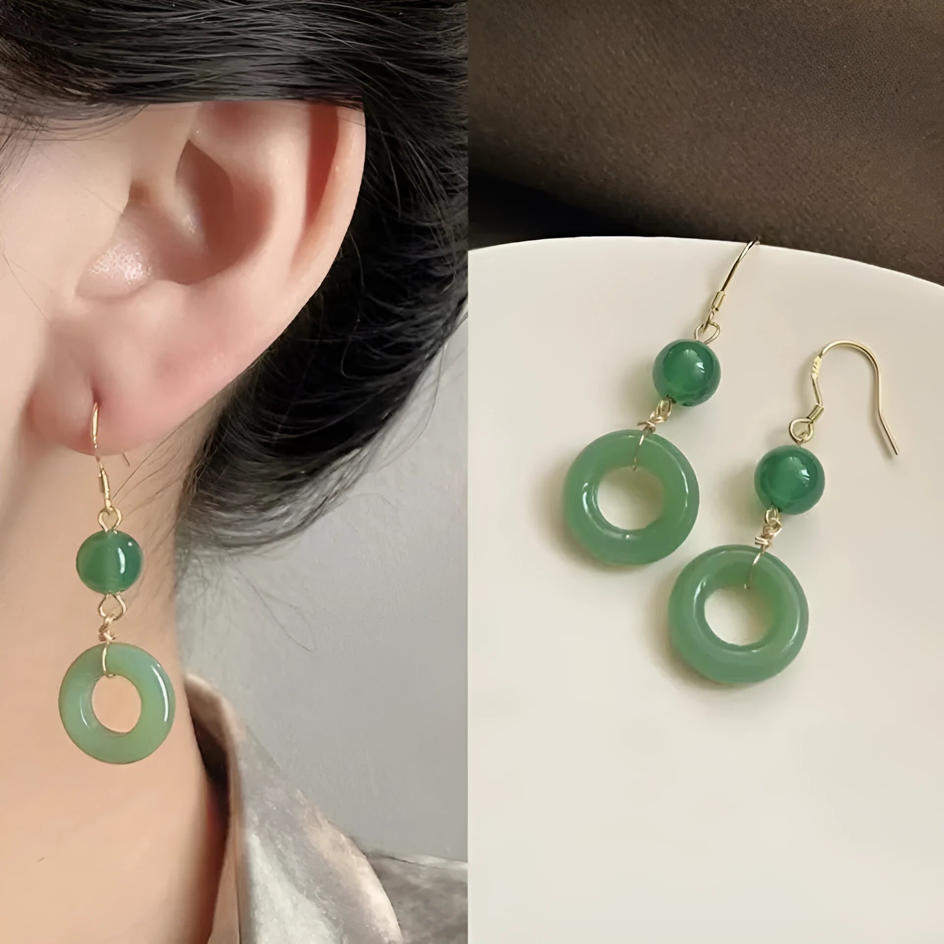 Green zinc alloy earrings with Chinese peace buckle design and geometric pattern