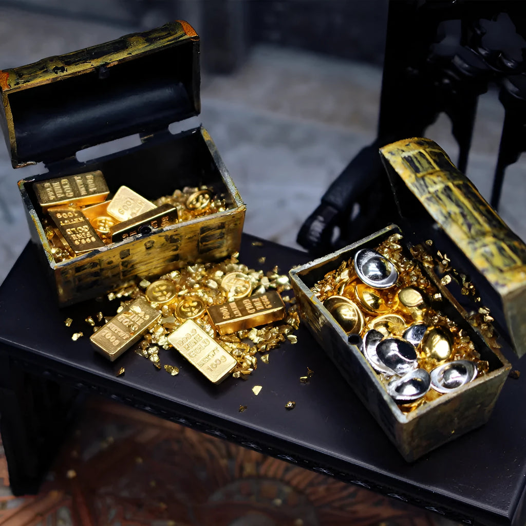 Miniature alloy treasure chest ornament with gold coins and bars for doll house accessories