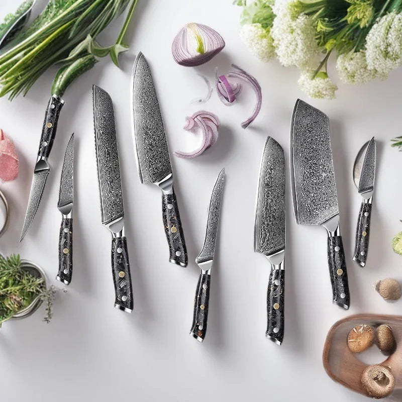 Damascus pattern chef knife set with 8 different blades including kitchen, Japanese, boning, utility, steak and fruit knives