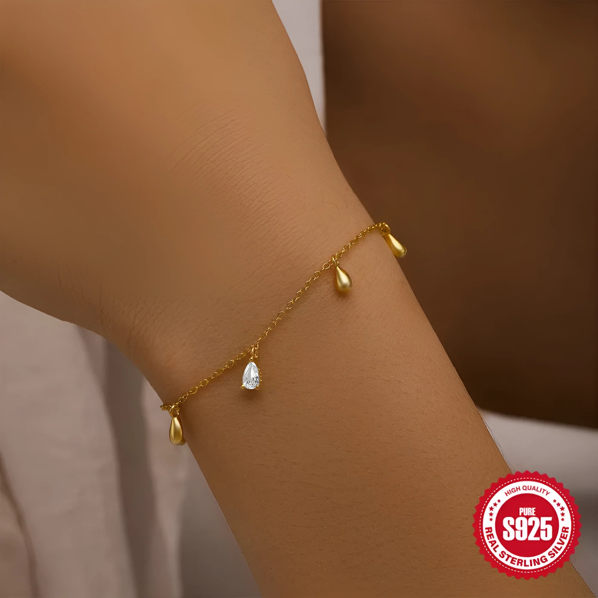 S925 sterling silver water drop diamond pendant bracelet in gold colour, simple geometric style for women