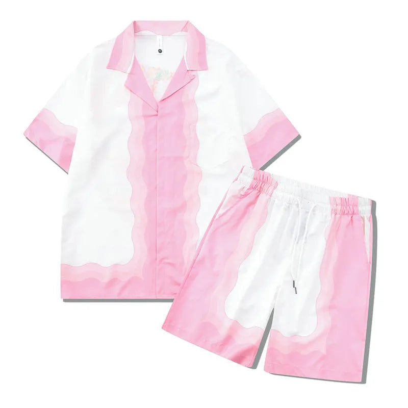 Plaid printed beach outfit set for men and women, featuring a short sleeve shirt and matching trousers.