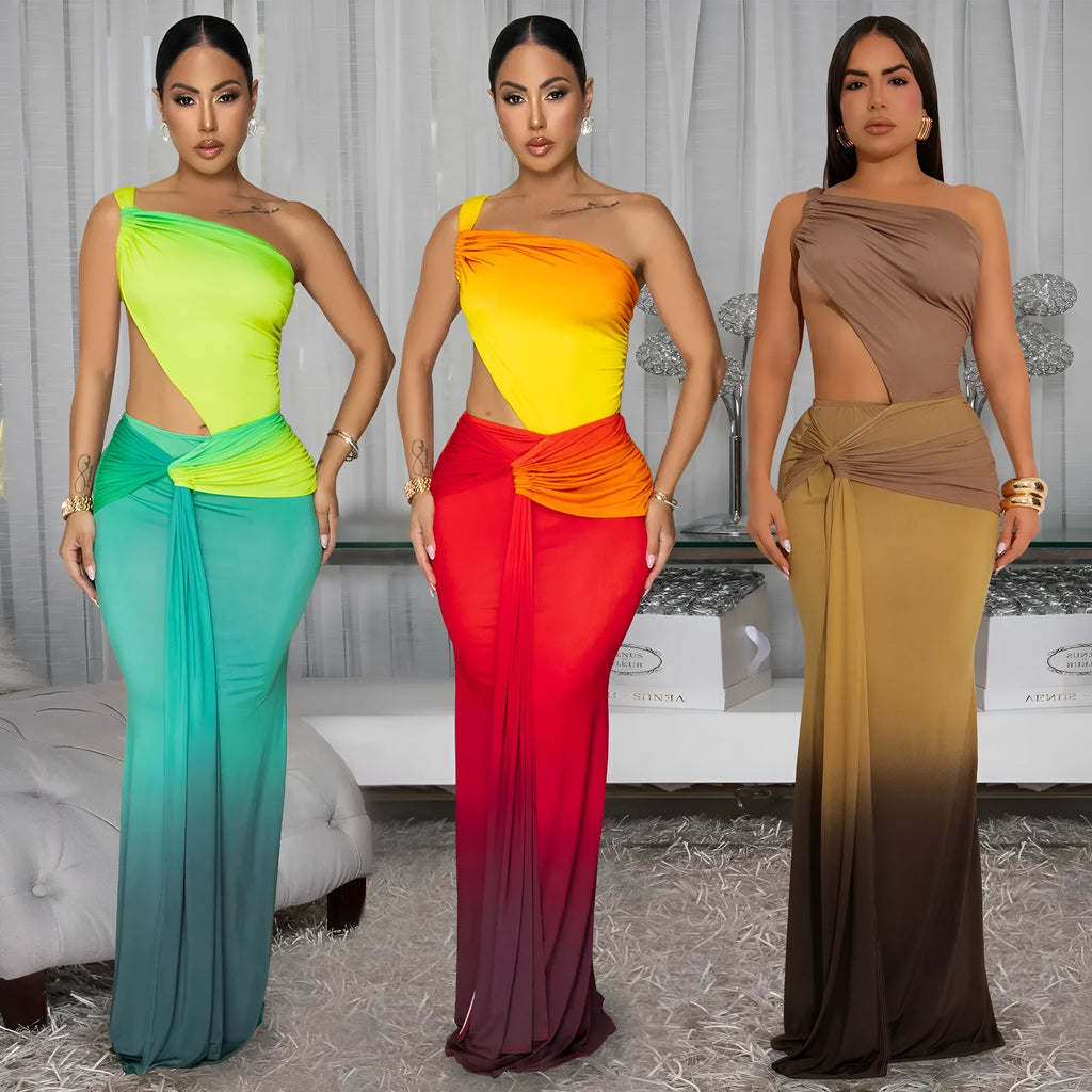 Women's long dress with gradient colour pattern and asymmetrical cross-shoulder neckline