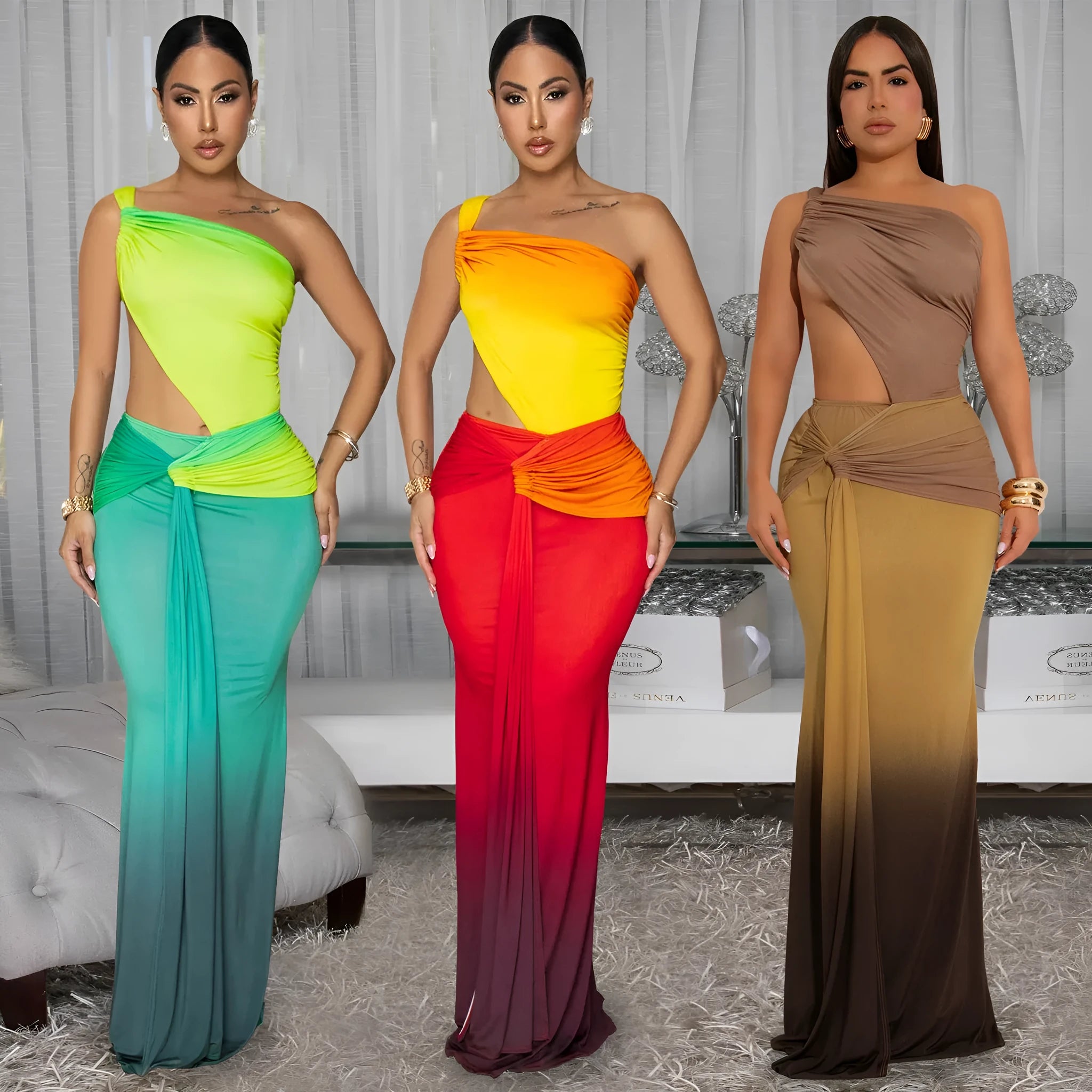Women's long dress with gradient colour pattern and asymmetrical cross-shoulder neckline