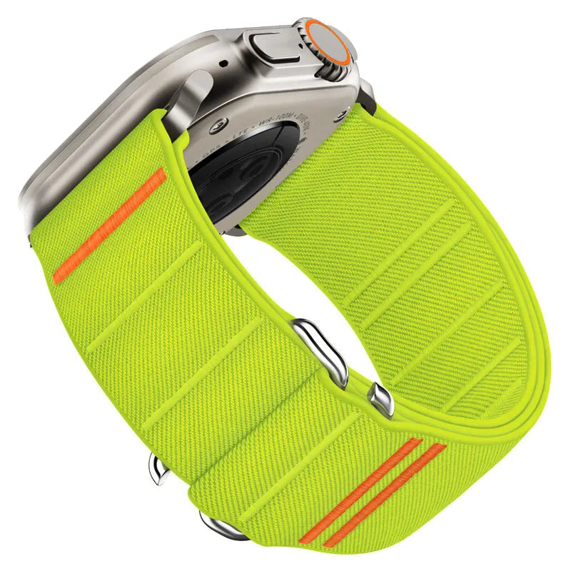 Elastic nylon Apple Watch band with stainless steel buckle shown in Army Green colour.