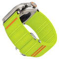 Elastic nylon Apple Watch band with stainless steel buckle shown in Army Green colour.