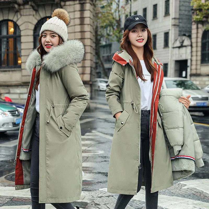 Women's long beige trench coat with down cotton filler and fleece fabric, 100cm length.