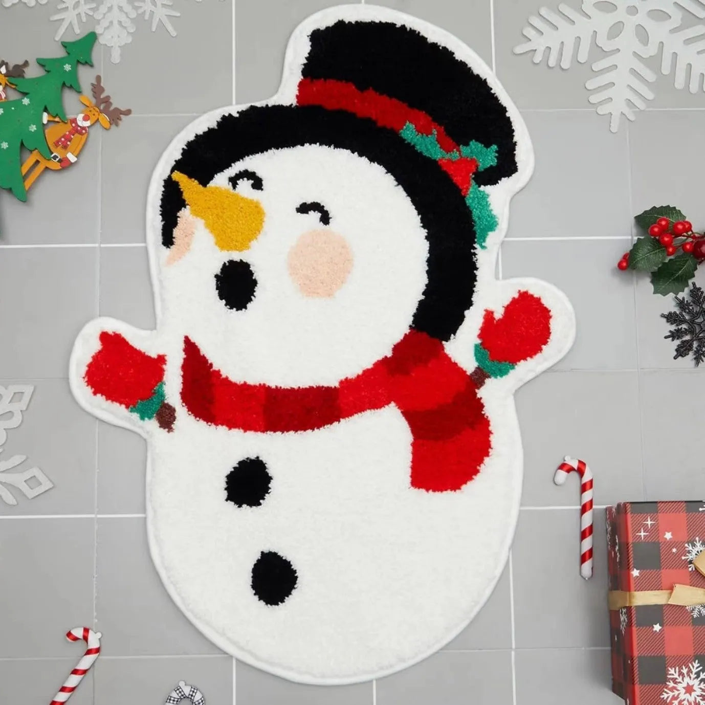 Christmas-themed hallway runner mat with printed geometric and festive patterns on polyester pile