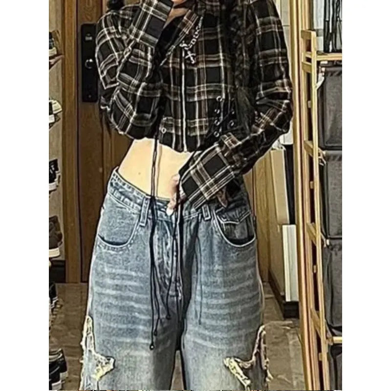 Blue high-waisted straight-leg women's jeans on a model