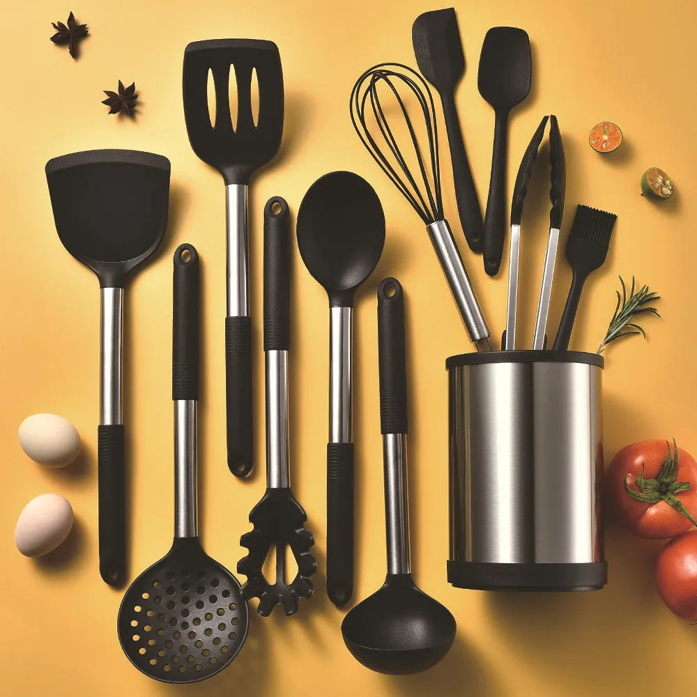 12 piece silicone kitchenware set with rotating storage bucket containing ladle spatula and clips