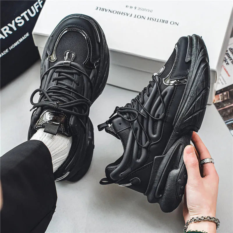 Men's breathable mesh surface sneaker with PU leather trim, low top platform, round toe, lace-up, black colour