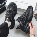Men's breathable mesh surface sneaker with PU leather trim, low top platform, round toe, lace-up, black colour