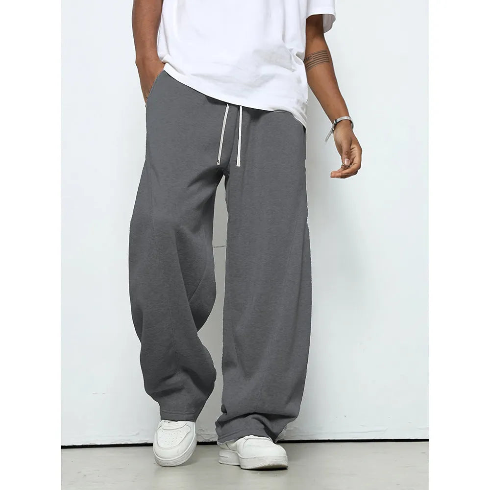 Men's straight leg polyester casual trousers in black with micro-elastic drawstring waistband
