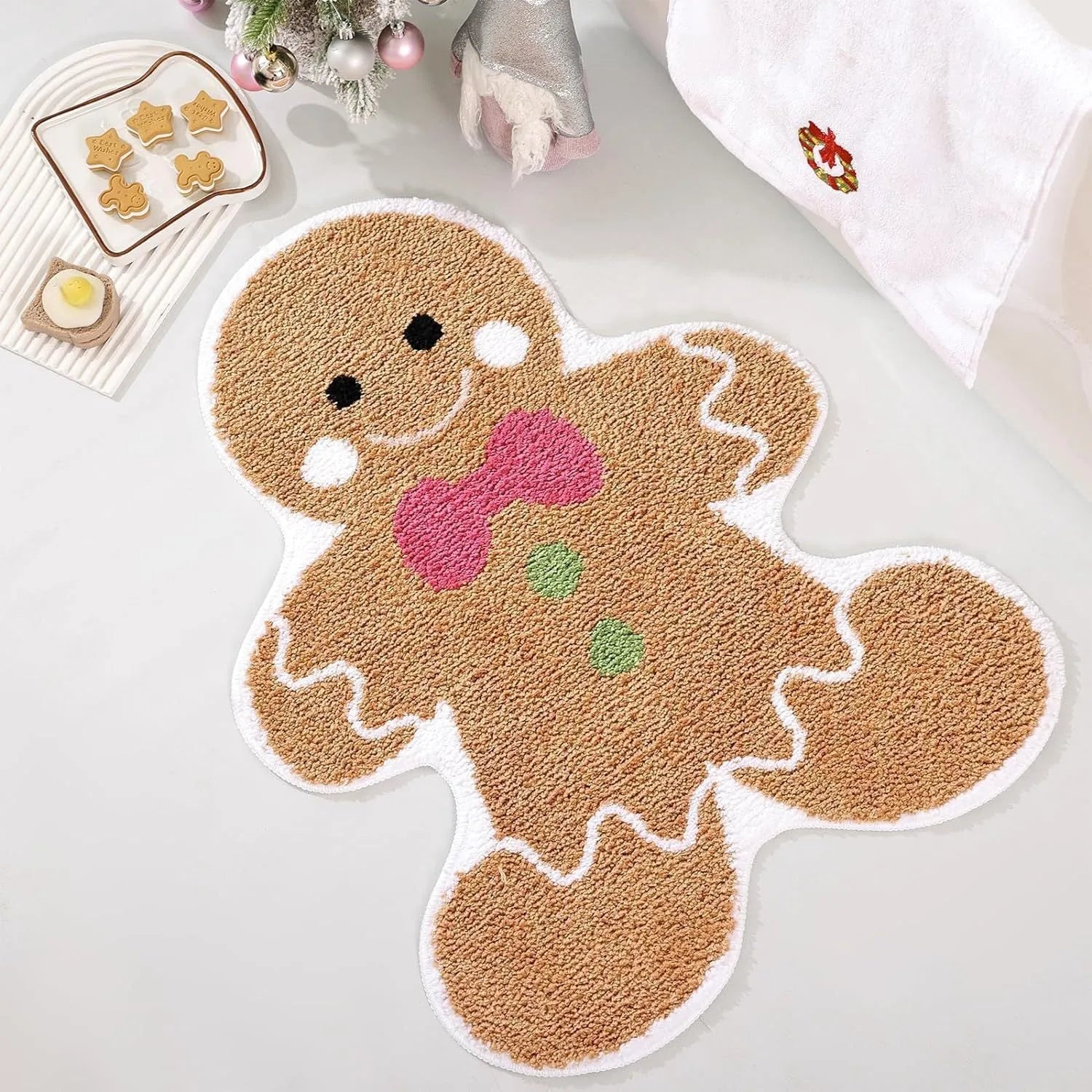 Christmas-themed hallway runner mat with printed geometric and festive patterns on polyester pile