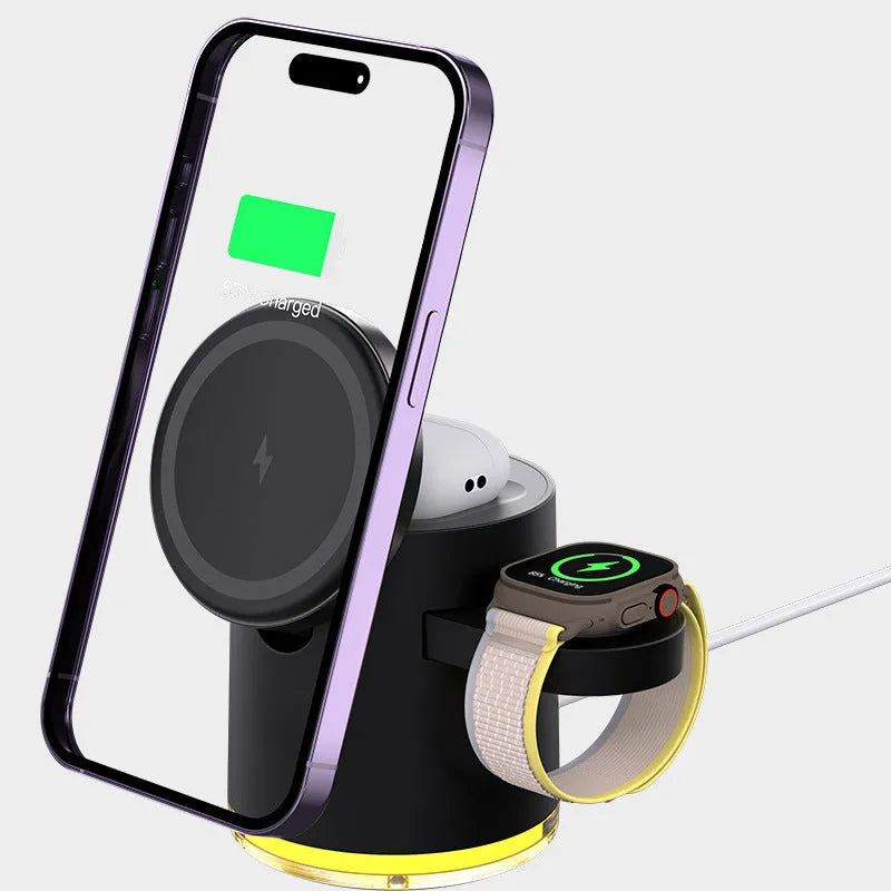 C16 magnetic three-in-one wireless folding charger in black or ivory white colour charging phone, watch and earphones