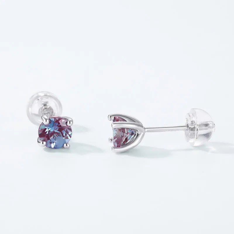 925 sterling silver ear studs with cultivated Alexandrite stones in round geometric shapes