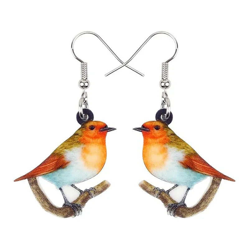 Blue titmouse pendant earrings made from acrylic with geometric animal design