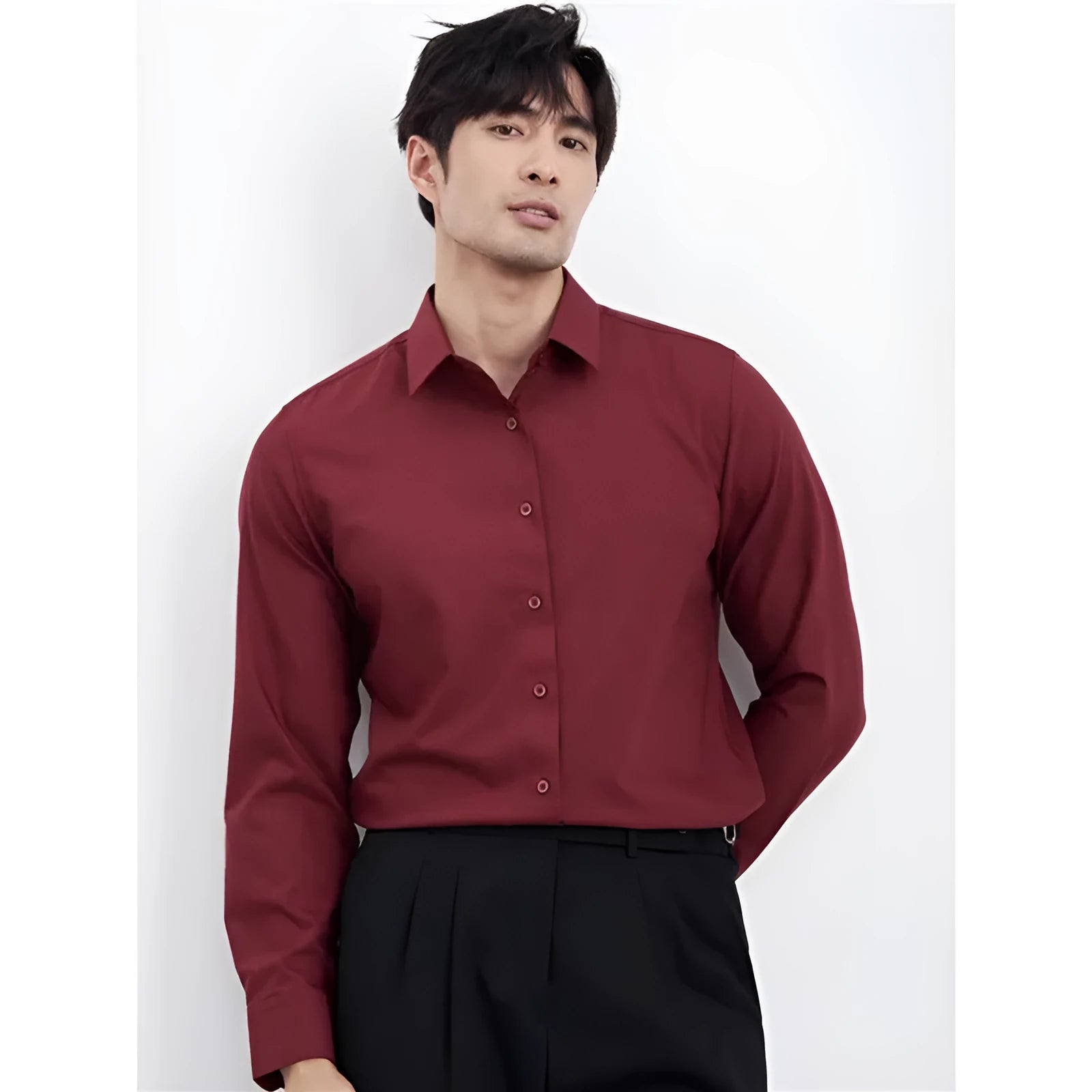 Men's wine red slim fit casual shirt with long sleeves on hanger