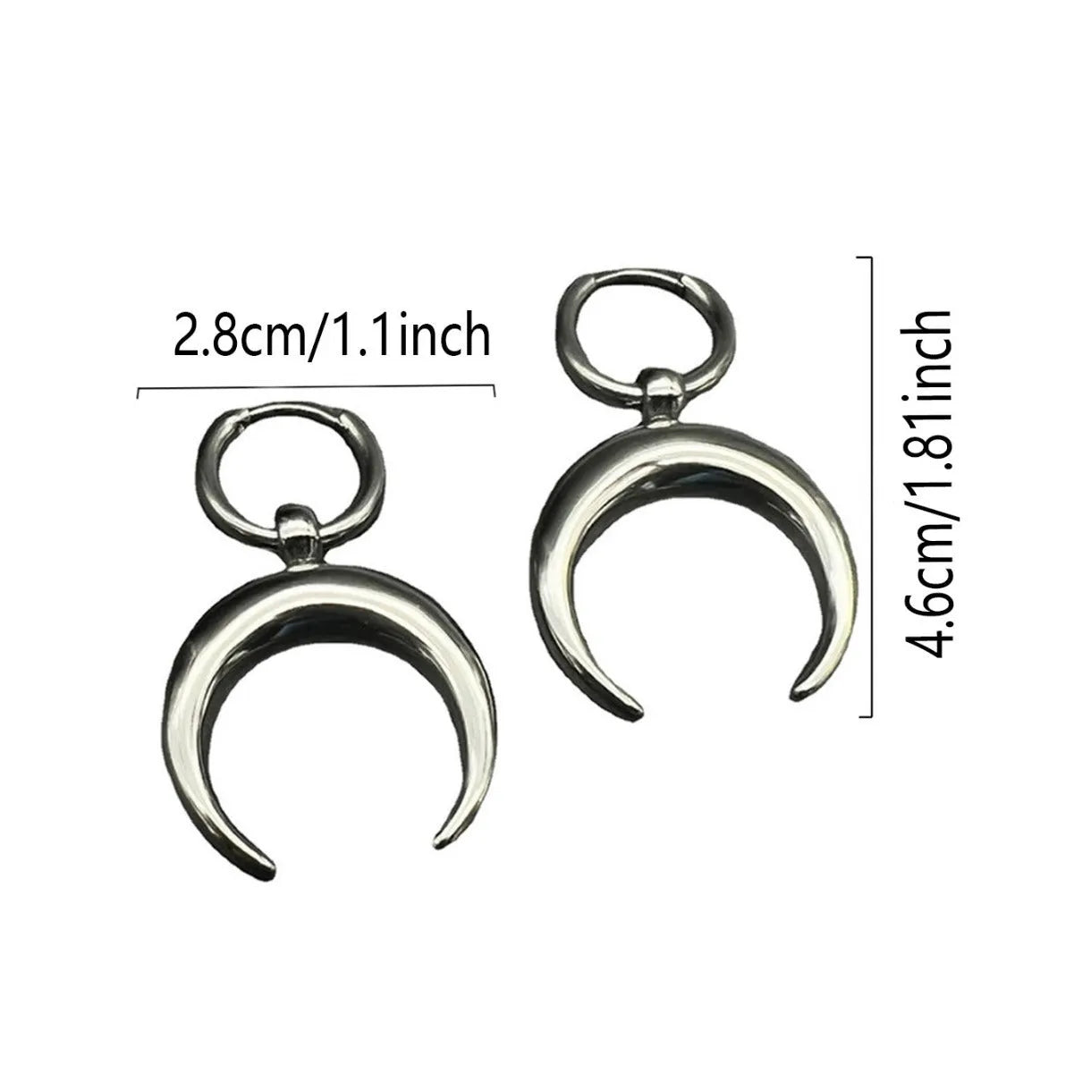 Vintage gothic moon hoop earrings with silver electroplated finish and clip-on fitting