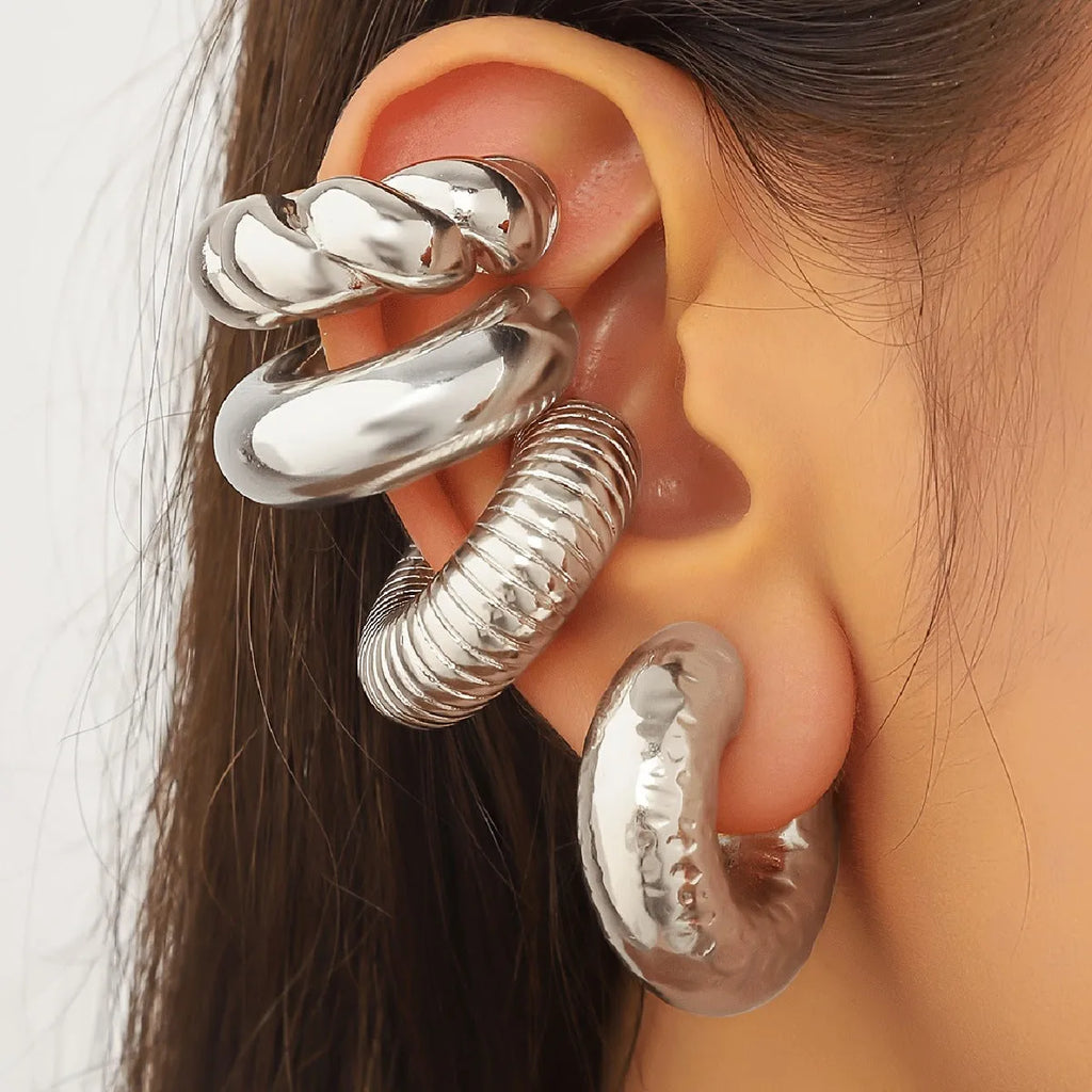 Geometric ear clip set in gold and silver colours for women without pierced ears