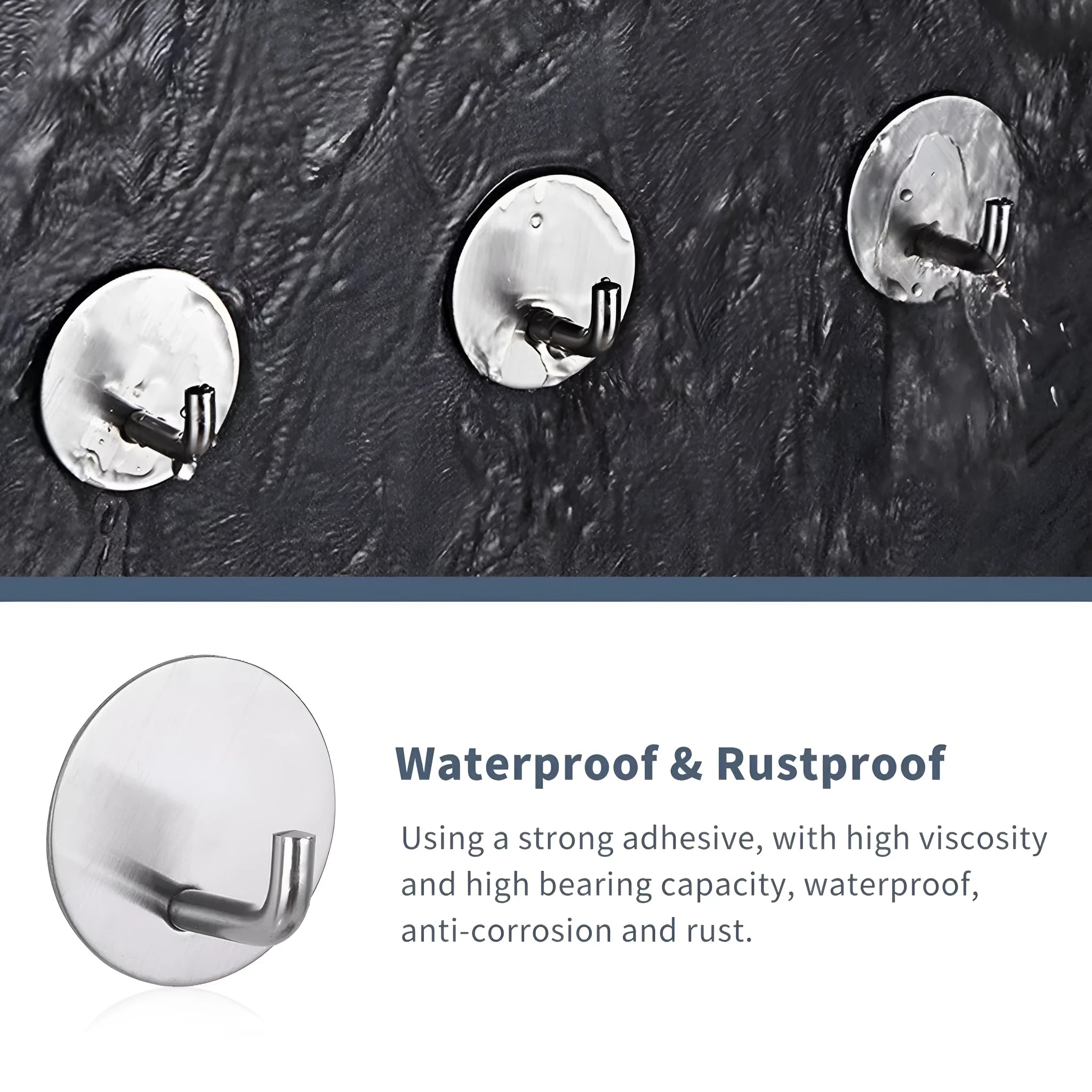 Stainless steel self-adhesive wall hook in black and polished finishes, shown with a towel hanging from it.
