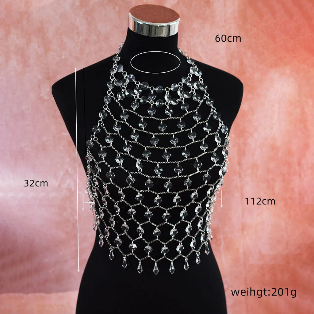 Transparent acrylic crystal sequins body chain hand-woven chest necklace