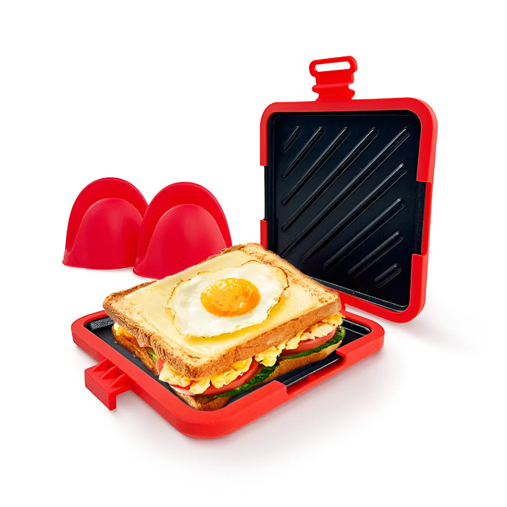 Red silicone baking tray set with matching anti-scald gloves in American-style design